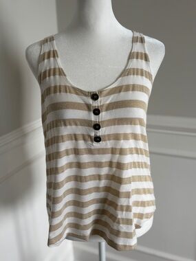 Eight Sixty Cream and Tan Striped Scoop Neck Tank with Button Placket